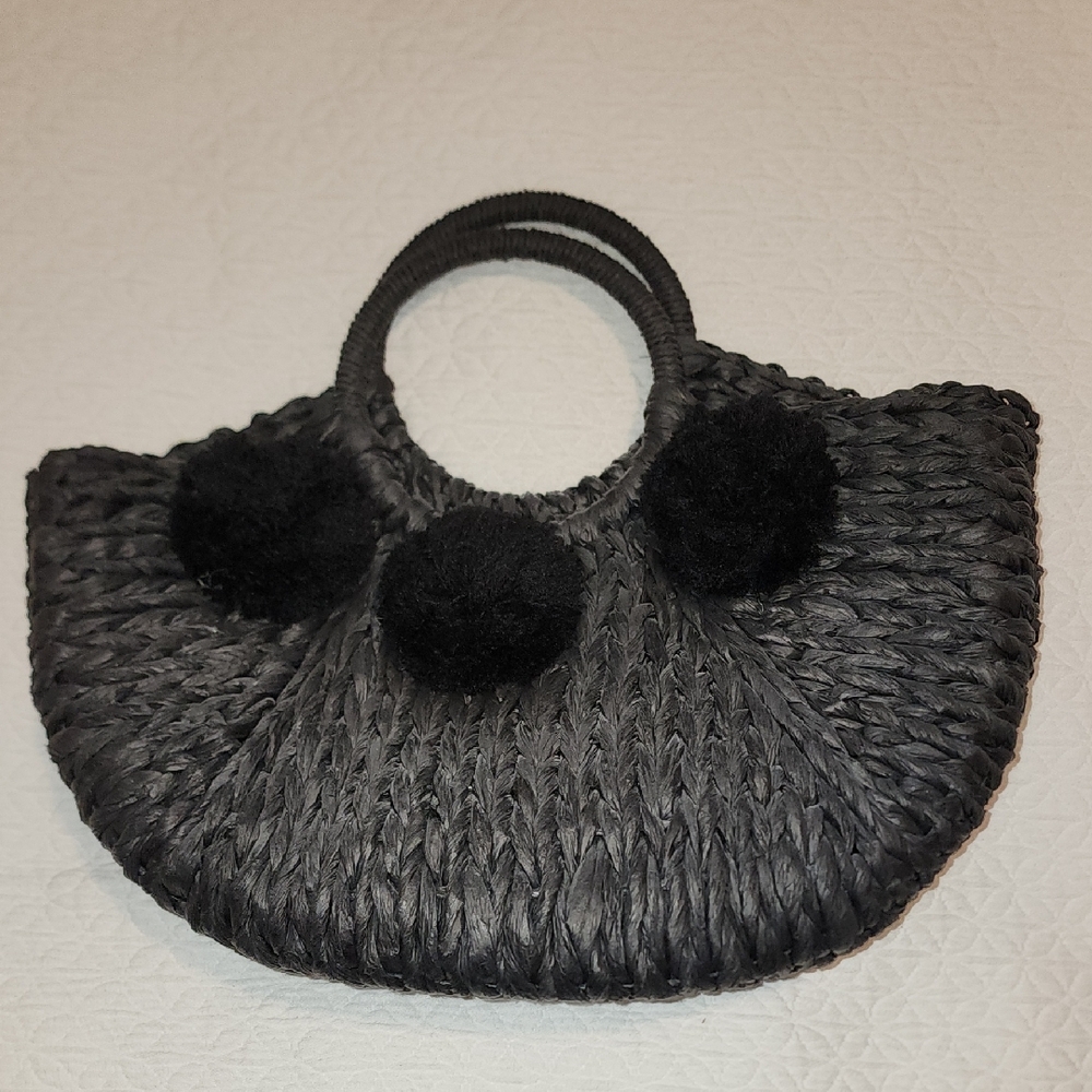 Shiraleah Black Woven Tote with Pom-Poms